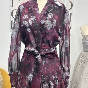 Marchesa Notte Burgundy chiffon belted dress NWT